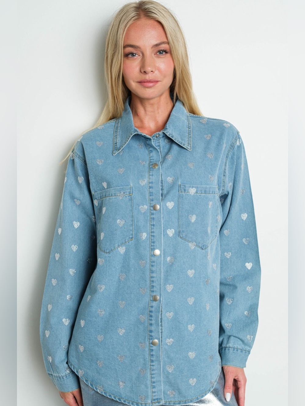 Kiwi Light Blue Denim Button-Down Shirt with Silver Heart Print